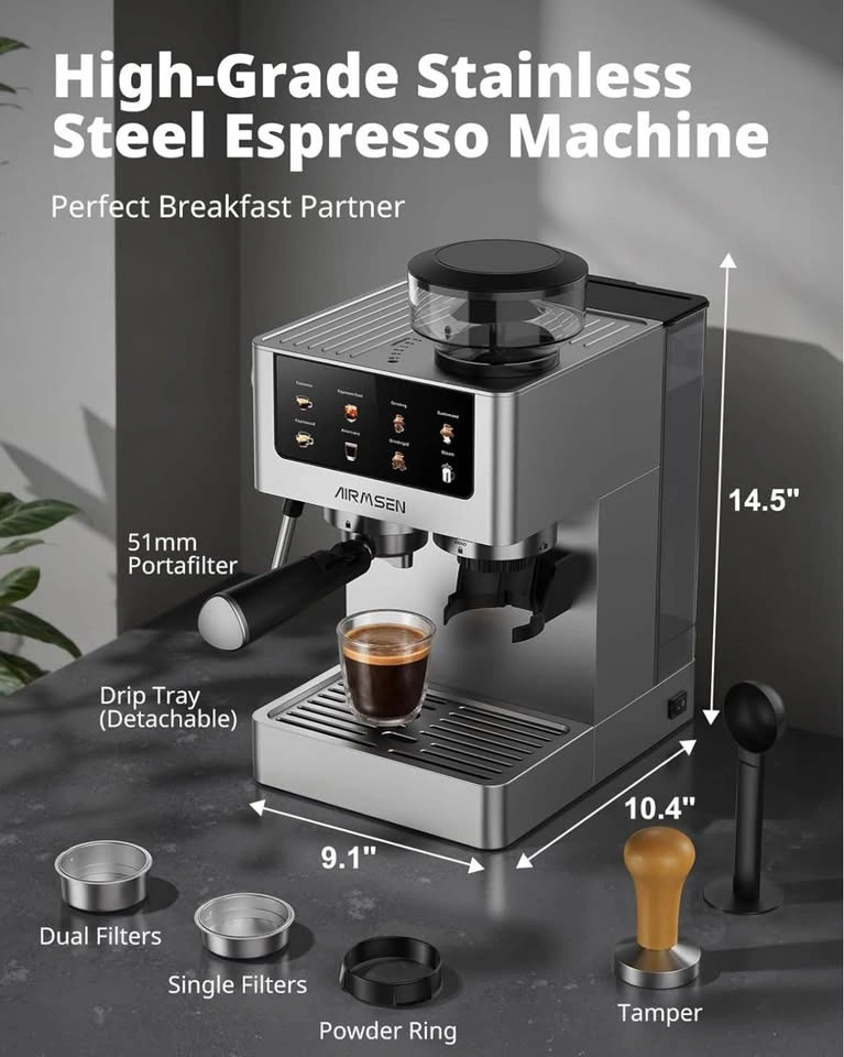 AIRMSEN Espresso Coffee Maker with Built-In Grinder – Like New - photo 5