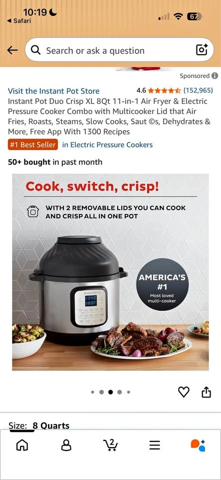 Instant Pot Duo Crisp XL 8Qt, Air Fryer + Pressure Cooker