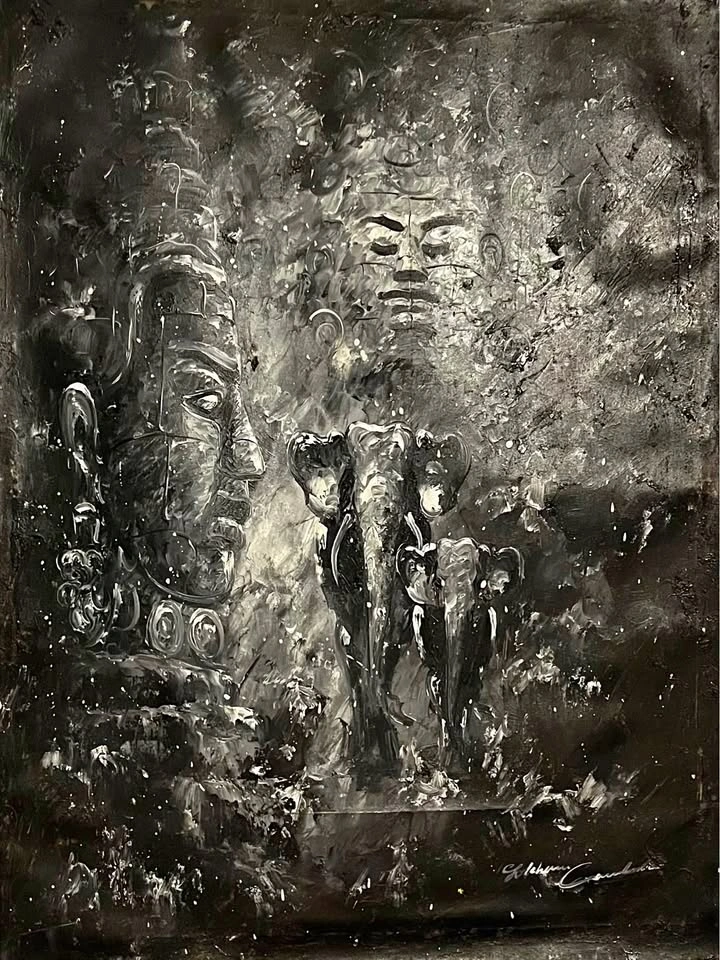 Large 24x30 Textured Acrylic Painting – Angkor Wat & Elephants