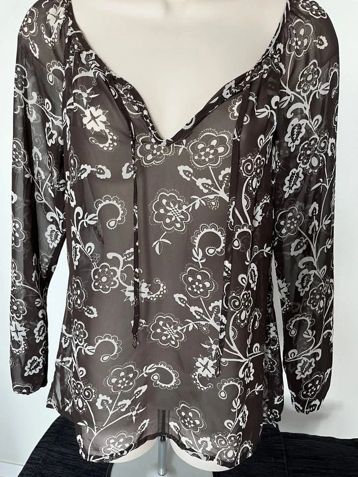 Ann Taylor Loft Brown Floral Tie-neck Tunic Top ~ 4 Petite ⚽️