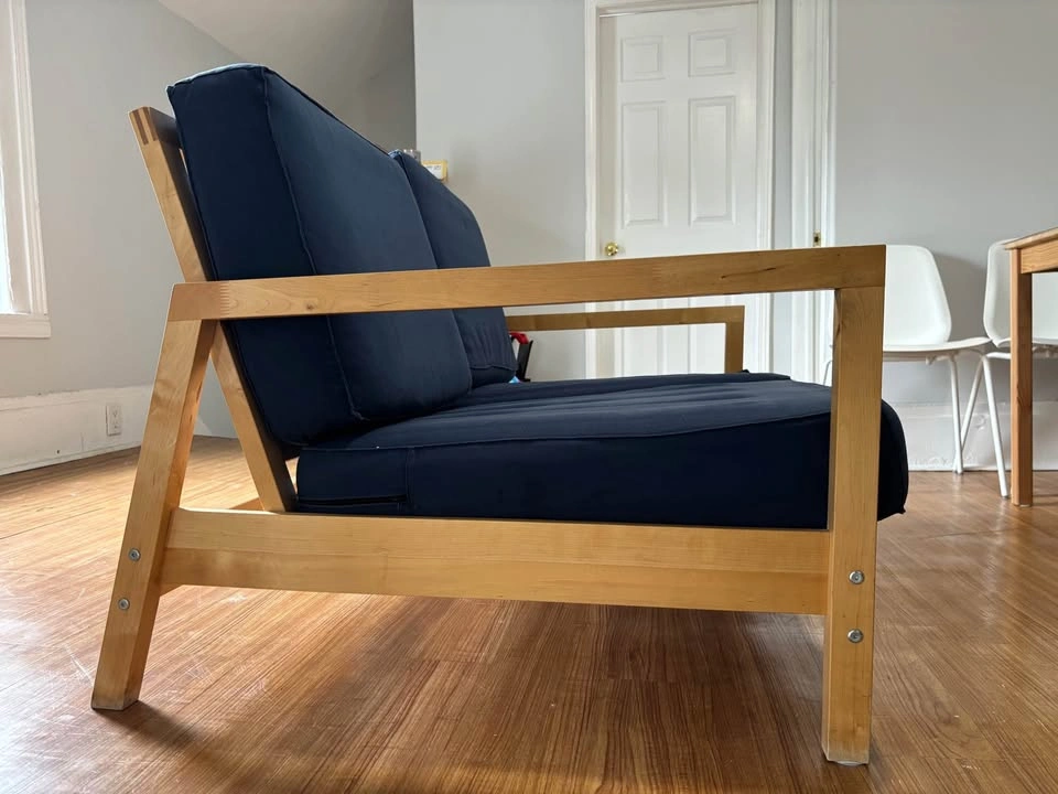 Wooden Loveseat with Navy Blue Cushions - photo 4
