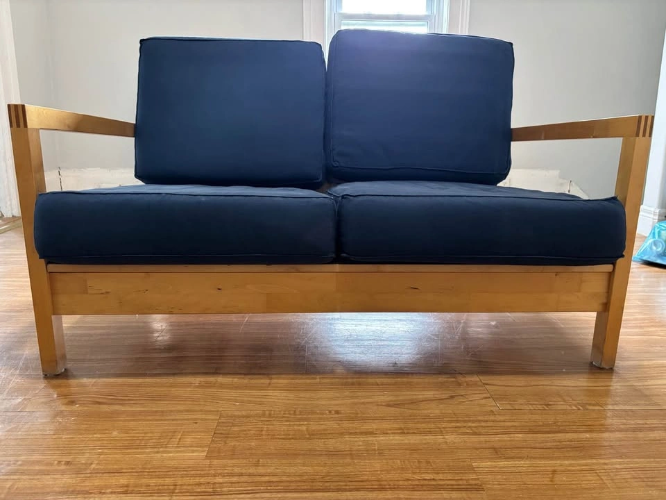 Wooden Loveseat with Navy Blue Cushions