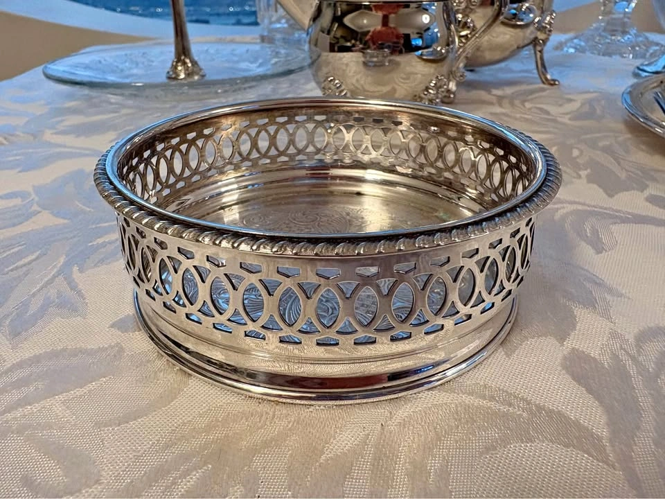 Vintage Silver Plated Pierced Wine Bottle Coaster