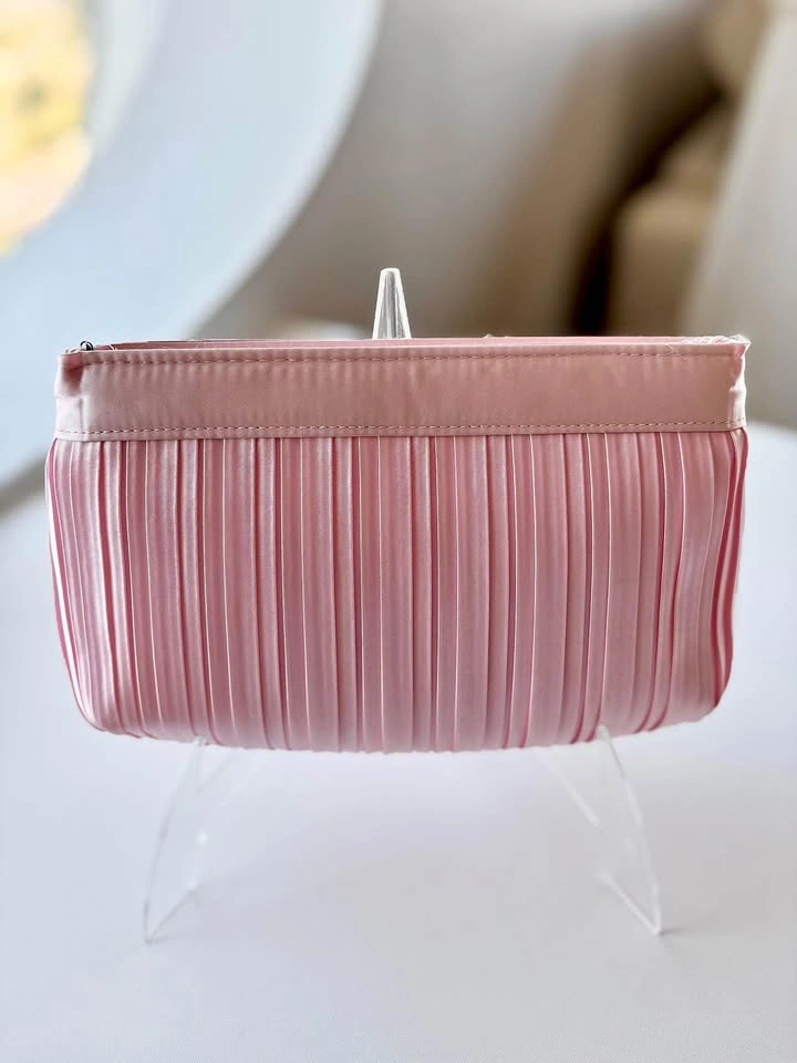 Pink Pleated Satin Clutch Bag