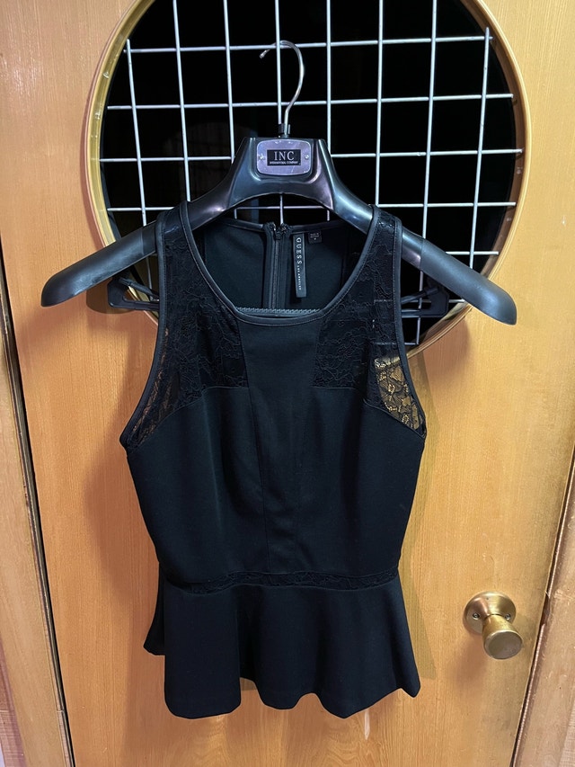 Guess Black Peplum Top with lace detail, medium