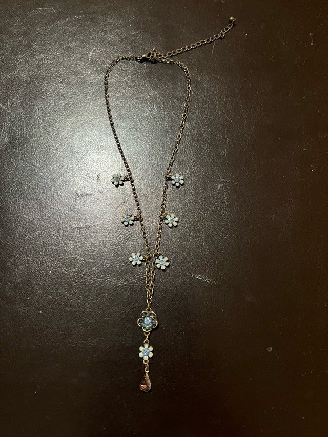 Necklace, Bronze Tone with Blue Flowers