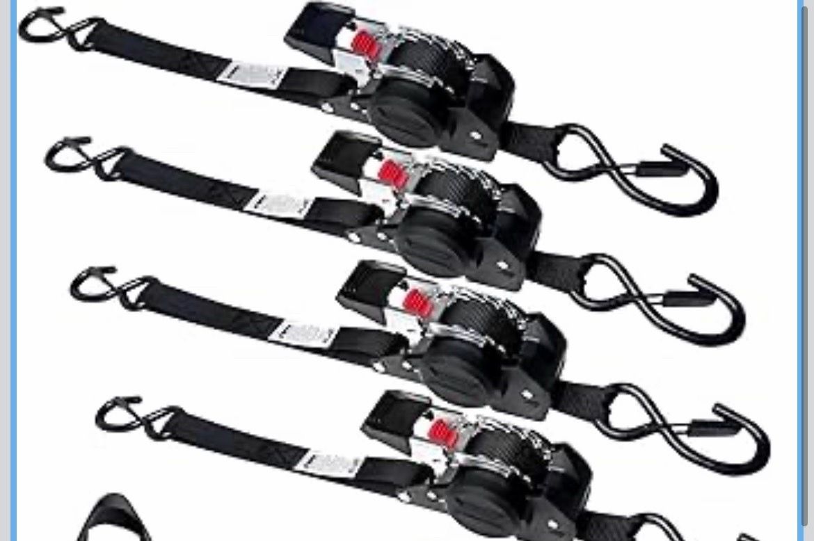 Heavy Duty Retractable Ratchet Straps, (4) 1" x 10' Tie Down