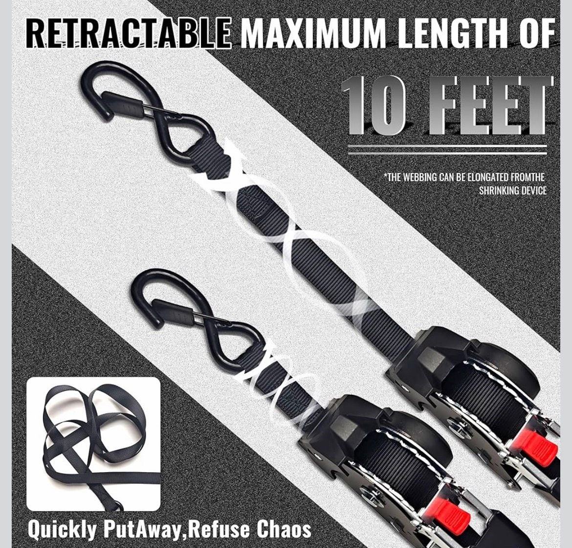 Heavy Duty Retractable Ratchet Straps, (4) 1" x 10' Tie Down - photo 2