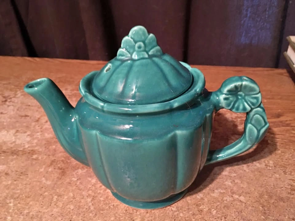 SHAWNEE POTTERY TEA POT GREEN TURQUOISE FLOWER HANDLE LID USA