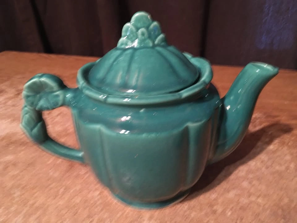 SHAWNEE POTTERY TEA POT GREEN TURQUOISE FLOWER HANDLE LID USA - photo 2