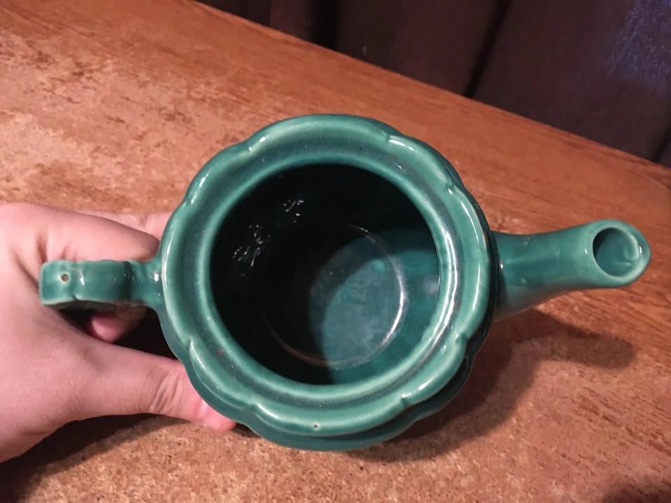SHAWNEE POTTERY TEA POT GREEN TURQUOISE FLOWER HANDLE LID USA - photo 3