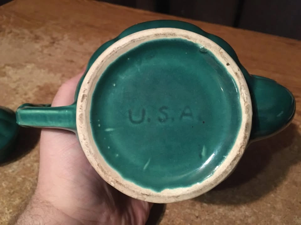 SHAWNEE POTTERY TEA POT GREEN TURQUOISE FLOWER HANDLE LID USA - photo 4