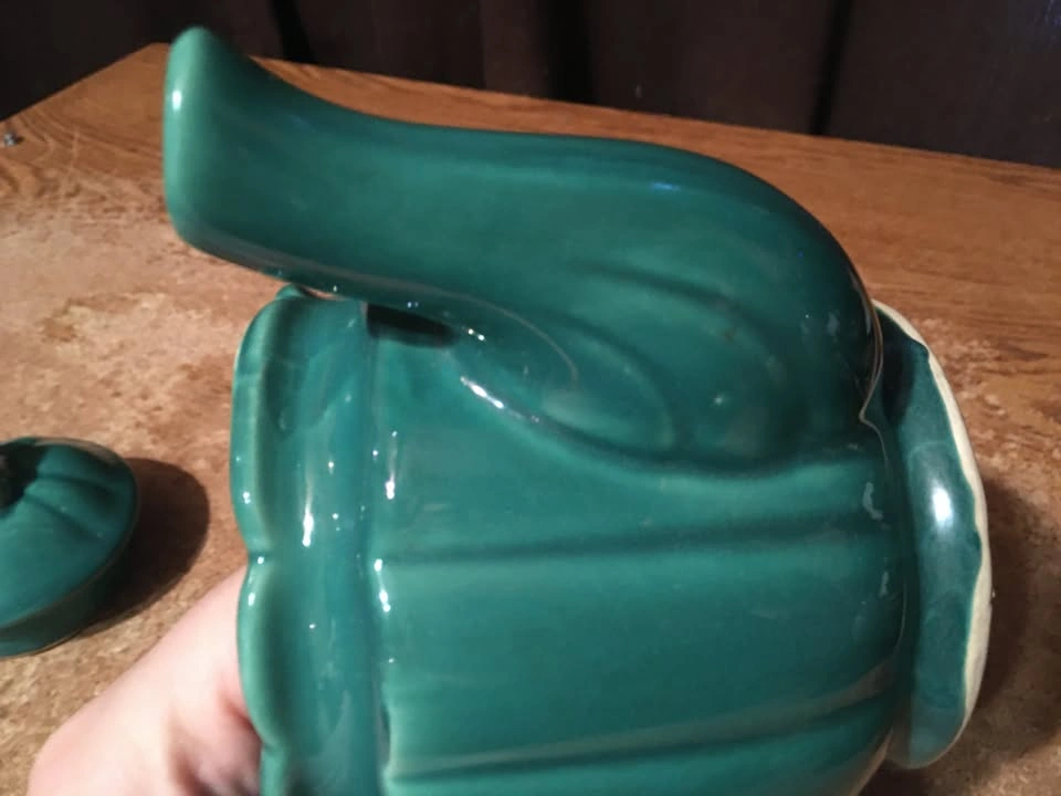 SHAWNEE POTTERY TEA POT GREEN TURQUOISE FLOWER HANDLE LID USA - photo 5