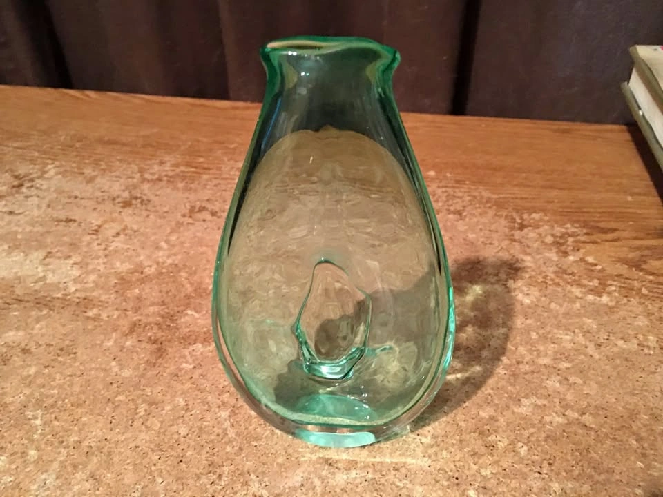 STEPHAN COX FLAT BLOWN ART GLASS VASE LIGHT SEA GREEN SIGNED