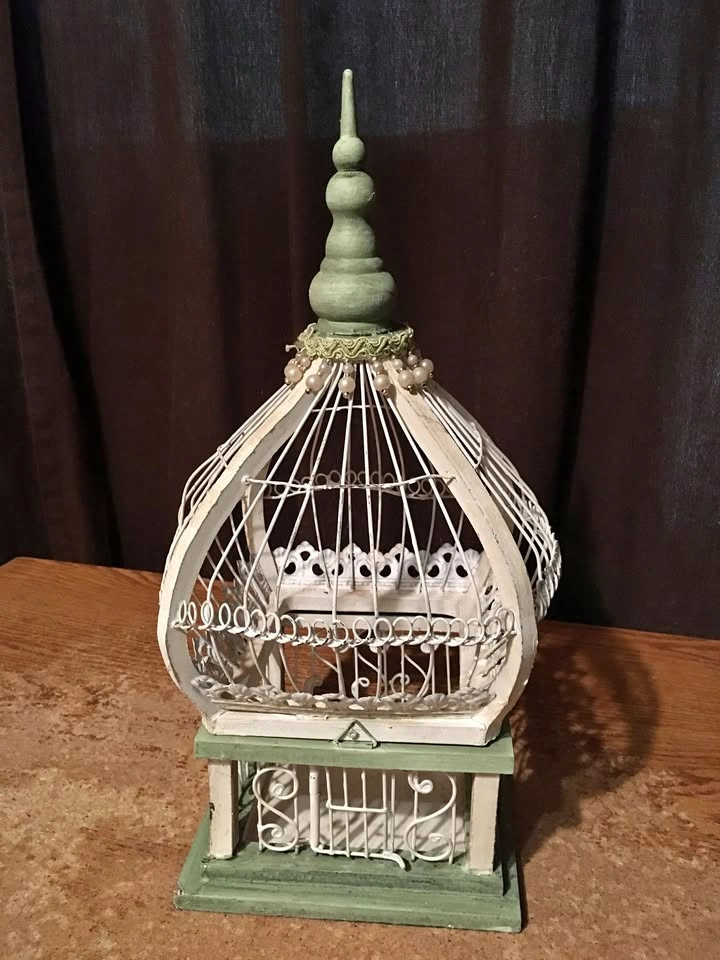 VINTAGE DECORATIVE WHITE AND GREEN STYLE BIRDCAGE
