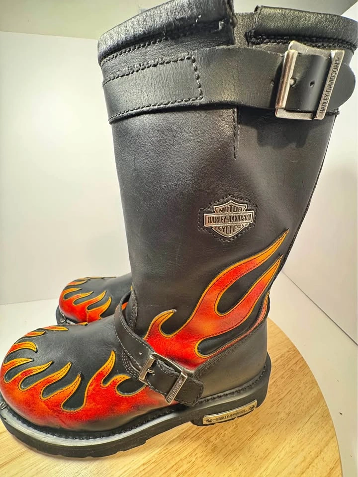 Vintage Harley-Davidson Flame Harness Biker Boots