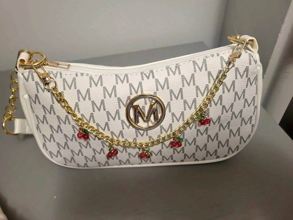 White M Design Shoulder Bag with Cherry Charm Chain