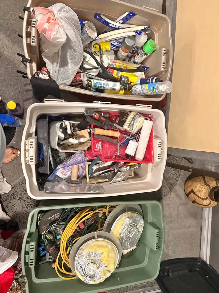 Assorted Home Improvement and Painting Supplies in Storage Bins