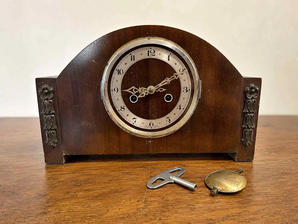 Vintage Enfield Wood Mantel Clock with Key