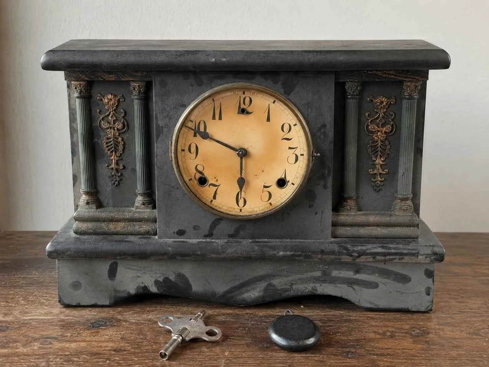Antique Wm L Gilbert Mantel Clock w Key & Pendulum