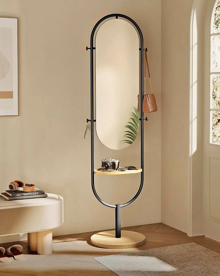 Modern Standing Full Body Mirror with Hooks and Shelf