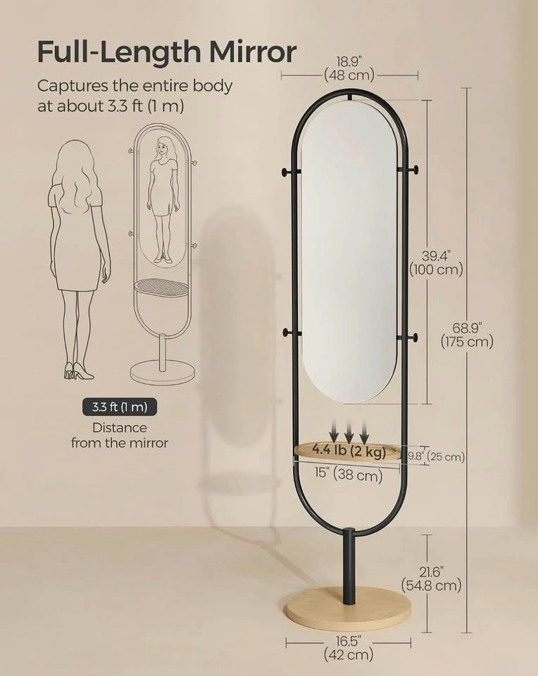 Modern Standing Full Body Mirror with Hooks and Shelf - photo 2