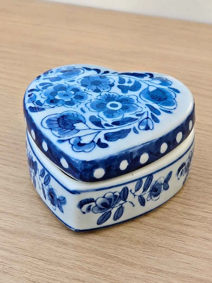 Blue White Hand Painted Porcelain Heart Trinket Box