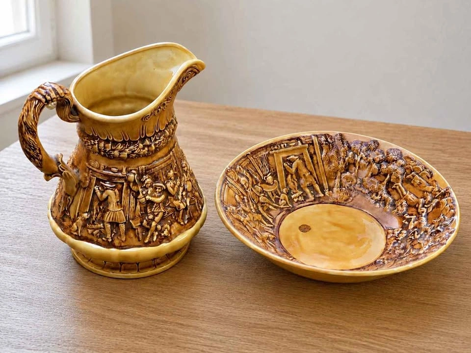 Vintage Hand Carved Ceramic Pitcher & Wash Basin Set