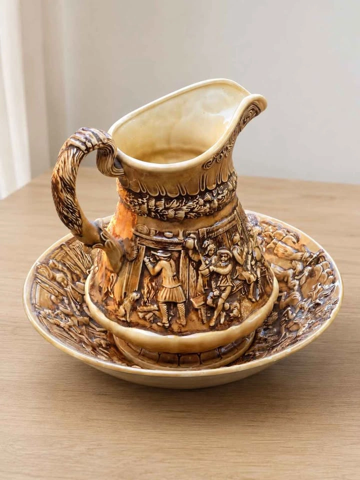 Vintage Hand Carved Ceramic Pitcher & Wash Basin Set - photo 2