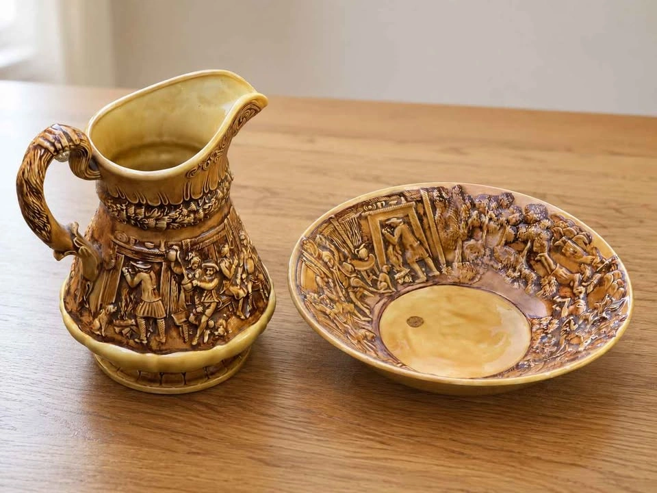 Vintage Hand Carved Ceramic Pitcher & Wash Basin Set - photo 3