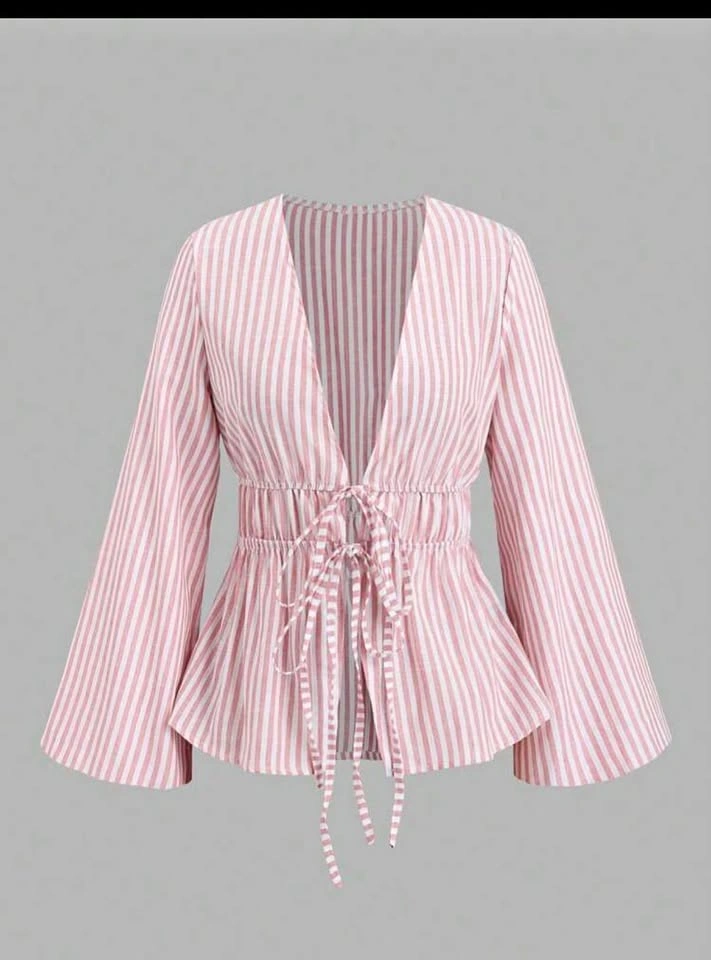 Striped Long Sleeve Tie Front Loose Blouse