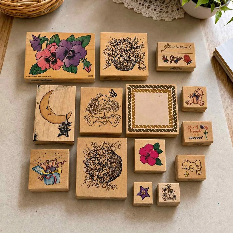 Vintage Wood Rubber Stamp Lot 13 Pieces