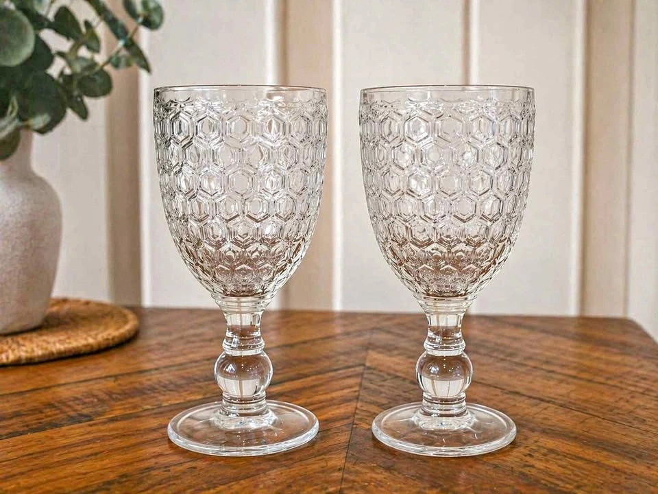 2 Clear Honeycomb Glass Goblets Vintage Style Set