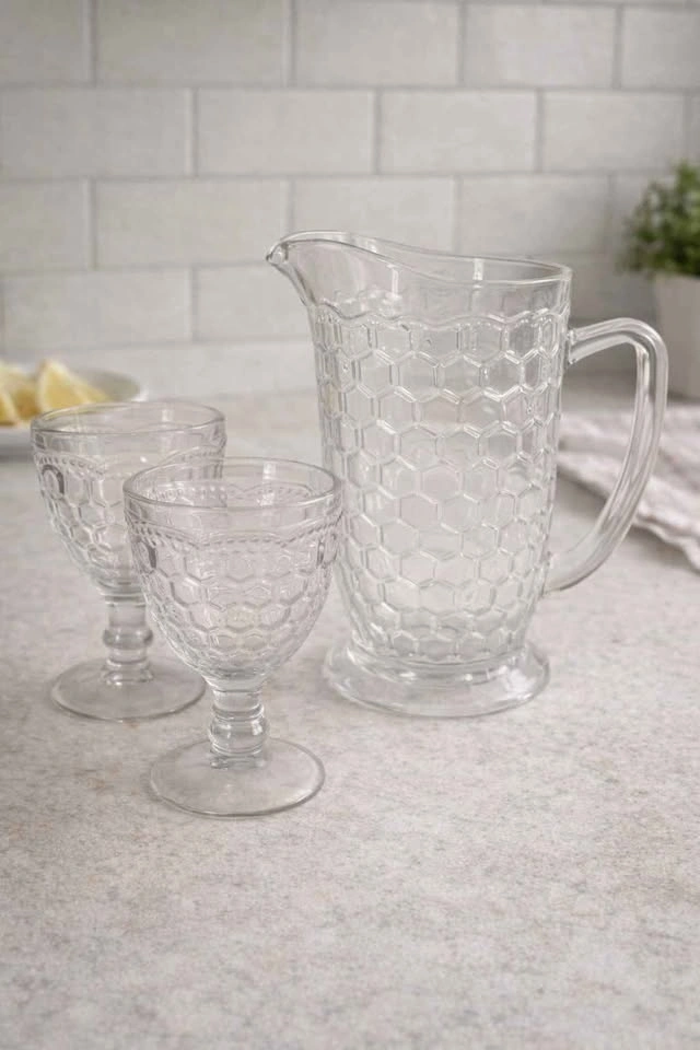 2 Clear Honeycomb Glass Goblets Vintage Style Set - photo 2