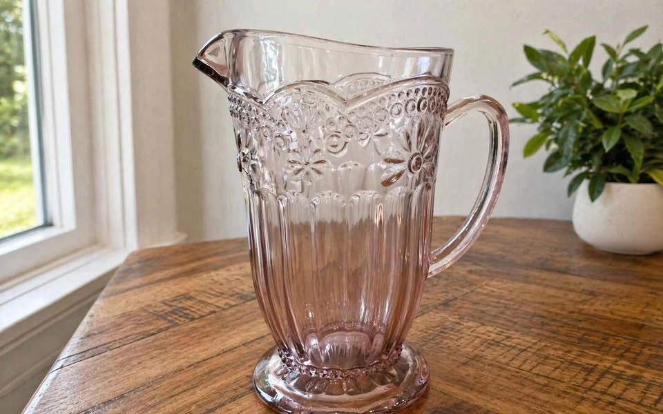 Pink Pressed Glass Pitcher Floral Vintage Style Jug