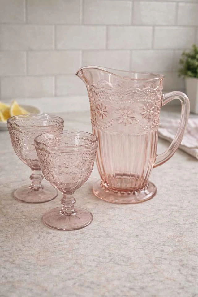 Pink Pressed Glass Pitcher Floral Vintage Style Jug - photo 2