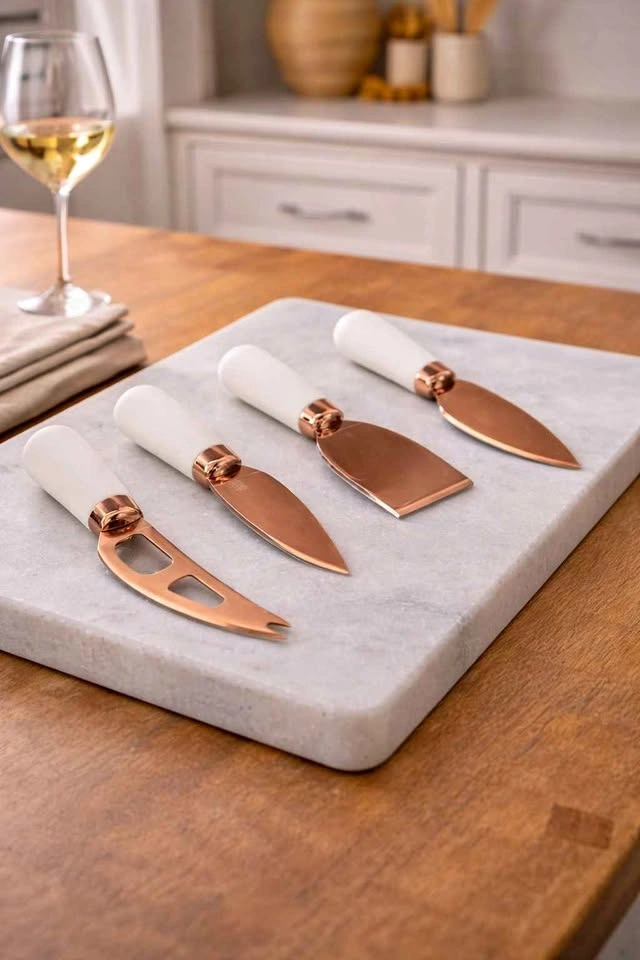 Elegant Marble Serving Board with Rose Gold Cheese Knife Set