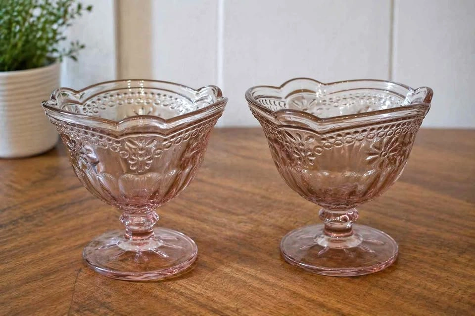 2 Pink Pressed Glass Pedestal Bowls Vintage Style