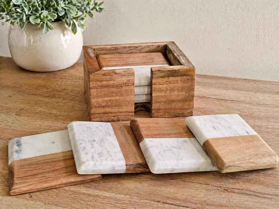 Elegant Marble and Wood Coasters Set