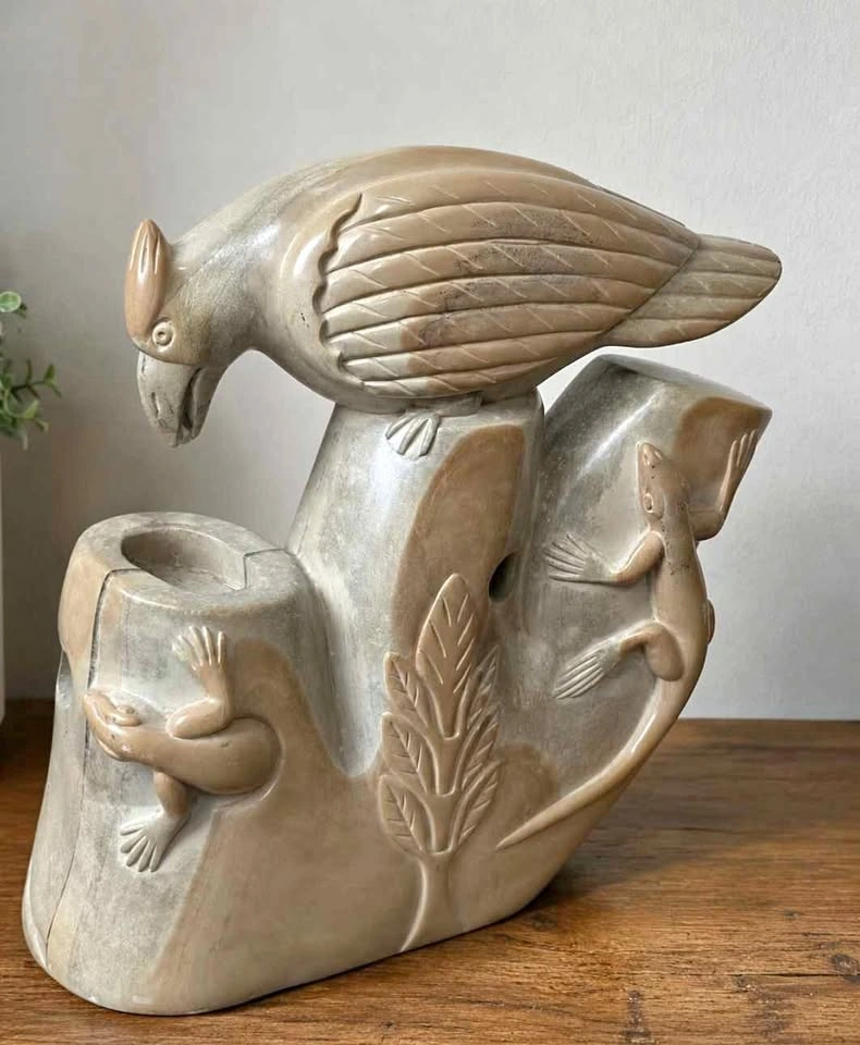 Heavy Hand-Carved Kenyan Soapstone Bird & Lizard Candle Holder