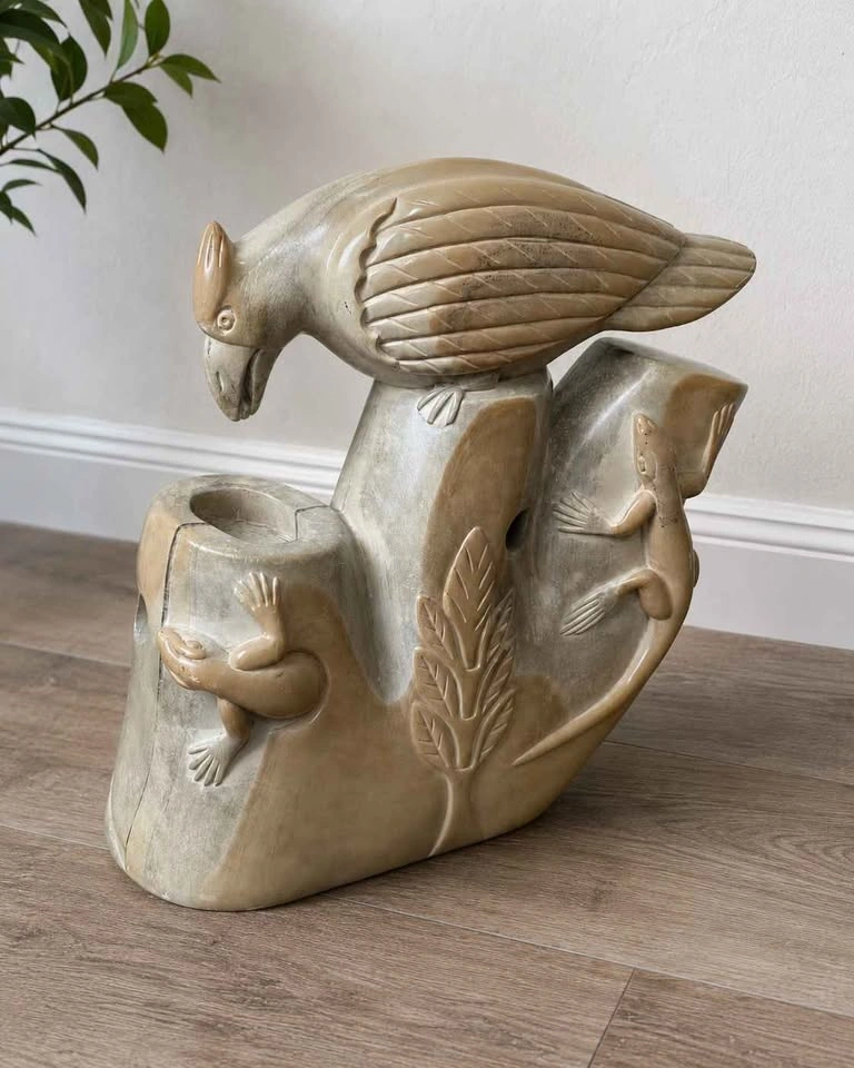 Heavy Hand-Carved Kenyan Soapstone Bird & Lizard Candle Holder - photo 2