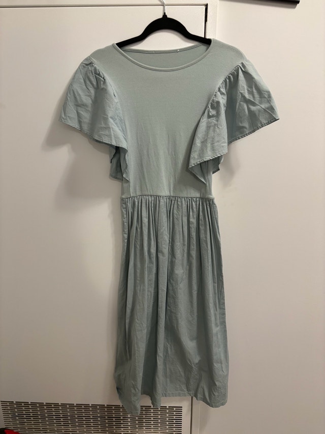 Zara Sage Green Ribbed Cotton Flutter Sleeve Dress