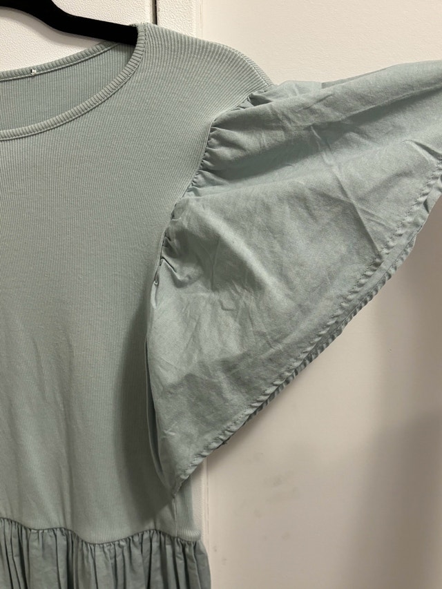 Zara Sage Green Ribbed Cotton Flutter Sleeve Dress - photo 2