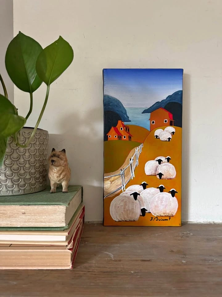 Original Jacques Boisvert Quebec Folk Art Painting – Sheep Lands