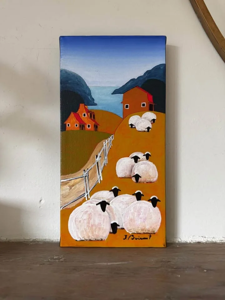 Original Jacques Boisvert Quebec Folk Art Painting – Sheep Lands - photo 2