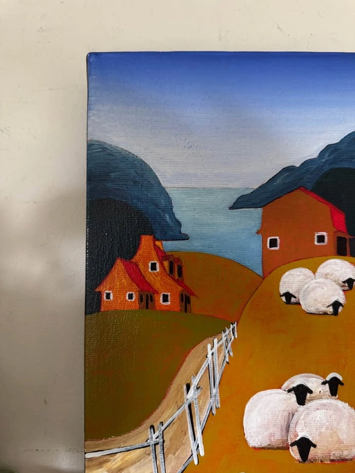 Original Jacques Boisvert Quebec Folk Art Painting – Sheep Lands - photo 3