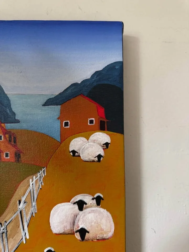 Original Jacques Boisvert Quebec Folk Art Painting – Sheep Lands - photo 4