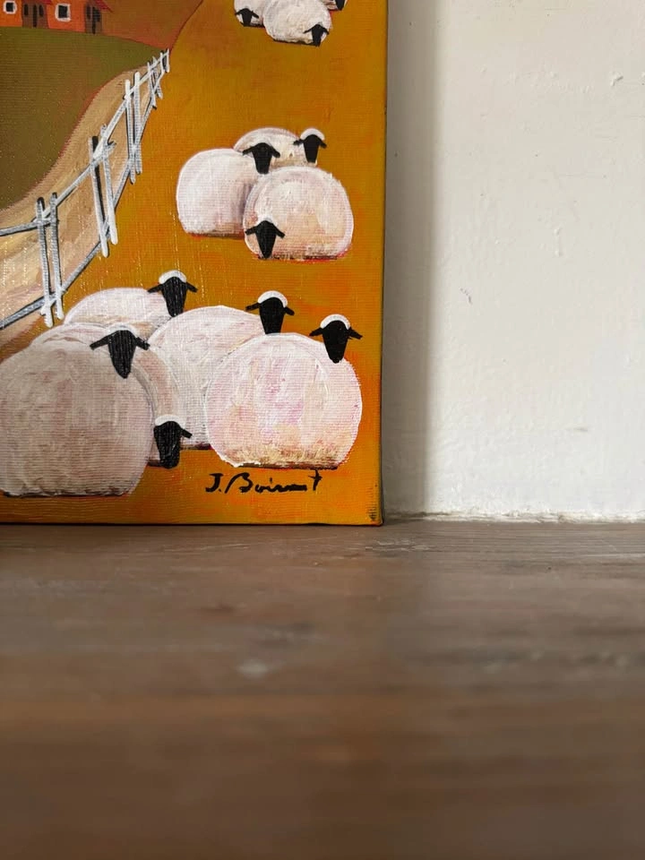 Original Jacques Boisvert Quebec Folk Art Painting – Sheep Lands - photo 5