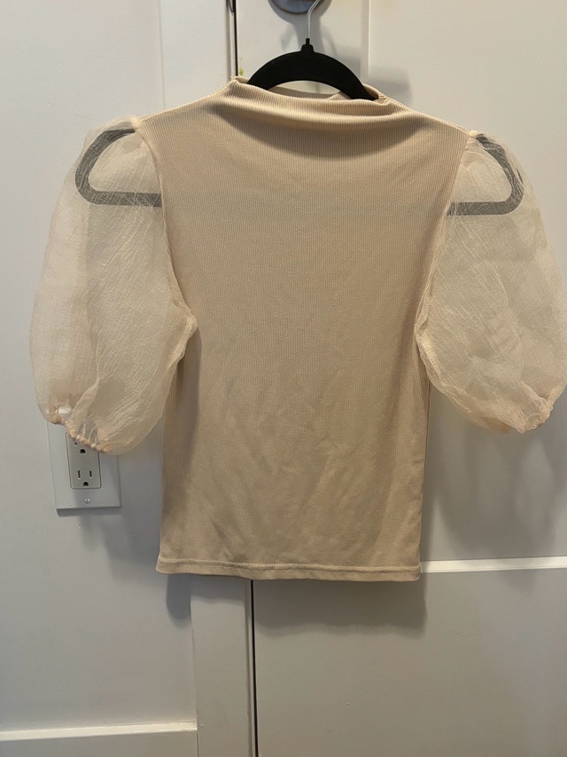 Cream Ribbed Mock Neck Top with Organza Puff Sleeves
