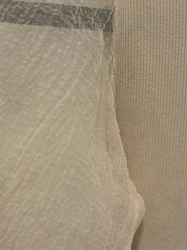 Cream Ribbed Mock Neck Top with Organza Puff Sleeves - photo 2